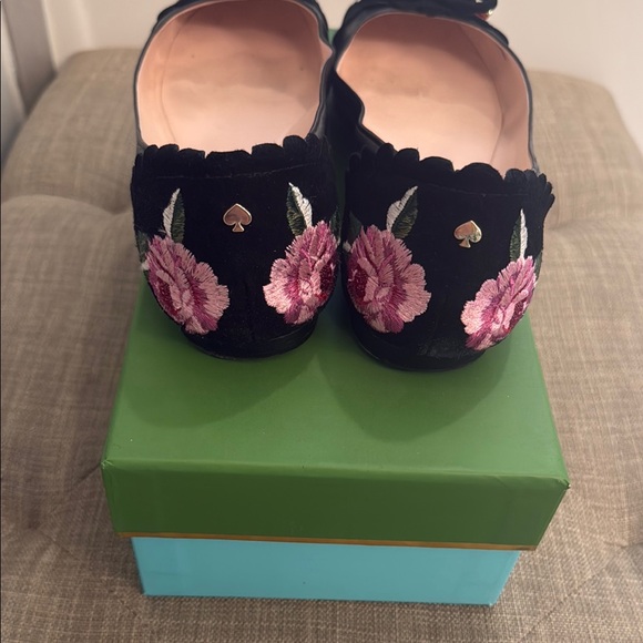 Kate Spade Black and Pink Floral Embroidered Flats - Picture 2 of 7